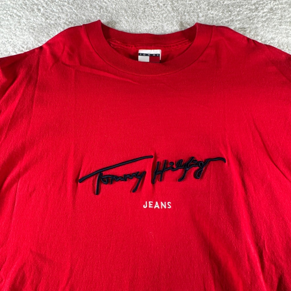 Y2K Tommy Jeans Hilfiger Red Solid Shirt‎ Large Logo Designer Men Made in USA